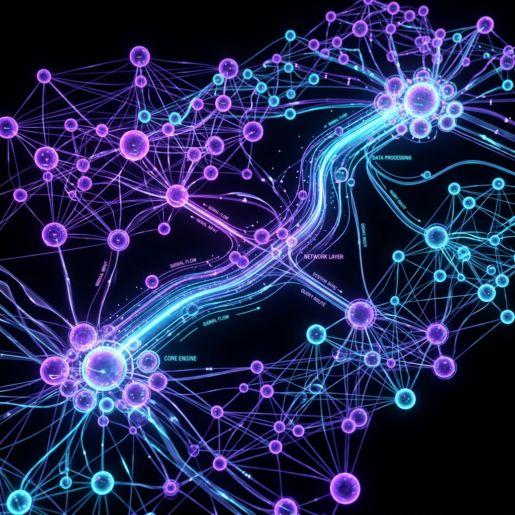 Visualización abstracta 3D de flujos de automatización e Inteligencia Artificial de OrangeIA Agencia