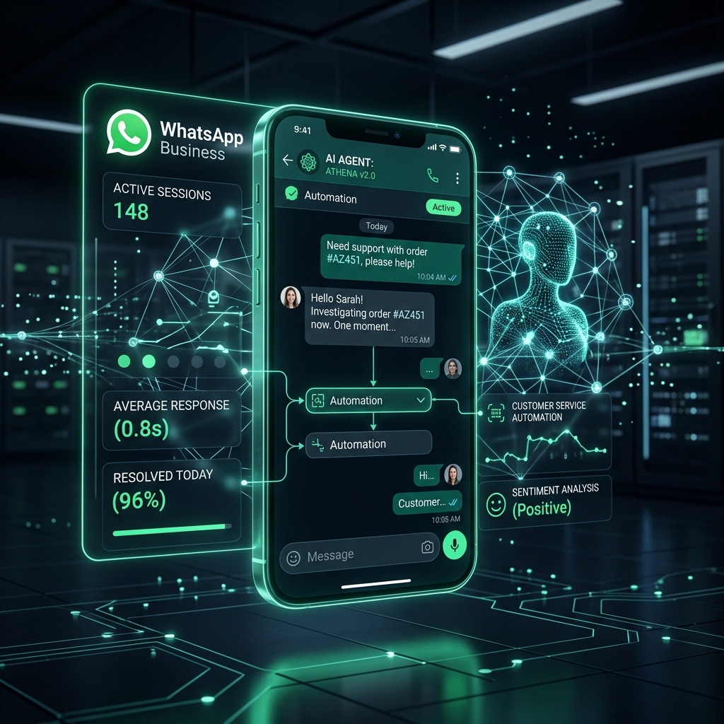 Interfaz conceptual 3D del Agente de WhatsApp Business de OrangeIA Agencia